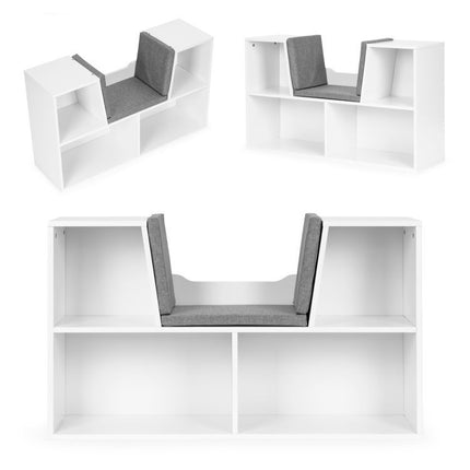 Ecotoys boekenkast met zitje inclusief kussens - speelgoedkast 4 vakken - kinderkast wit - 102 x 30 x 61 cm