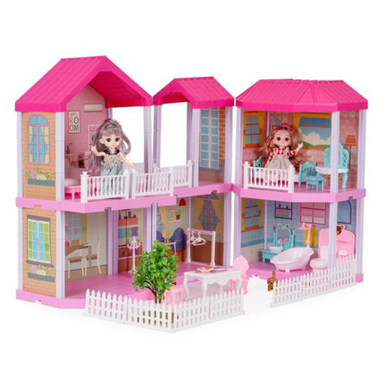 Ecotoys 156-delig poppenhuis met meubels, poppen en LED lamp 68.8 x 39.5 x 51.5 cm Roze