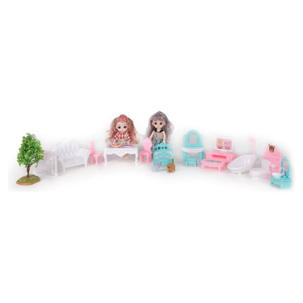 Ecotoys 156-delig poppenhuis met meubels, poppen en LED lamp 68.8 x 39.5 x 51.5 cm Roze