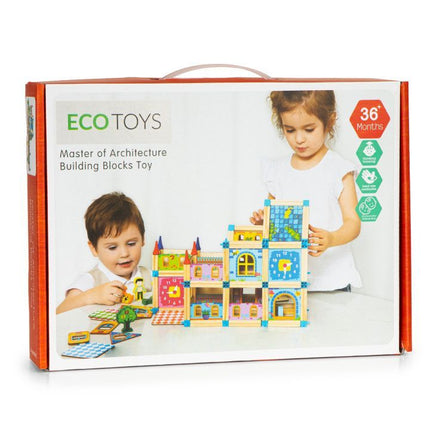 Ecotoys 128-delige houten constructie blokken voor het bouwen van een 6 in 1 toren - Montessori speelgoed - Vanaf 36 maanden