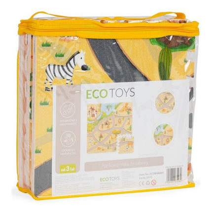 Ecotoys 9 delige puzzelspeelmat foam safari voor baby en peuter - Vloerpuzzel inclusief opbergtas - 93,5x93,5cm