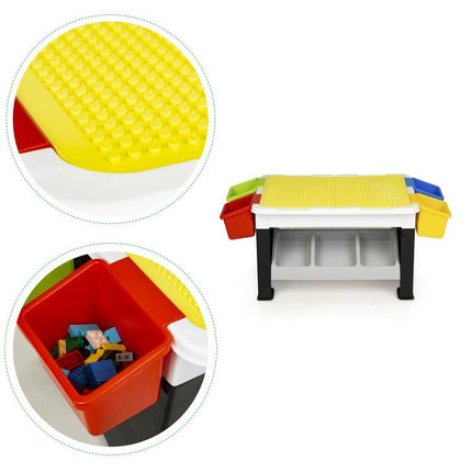 Speeltafel met bouwplaat en vlakke kant -  Kindertafel met 7 Opbergbakken en 300 bouwblokjes