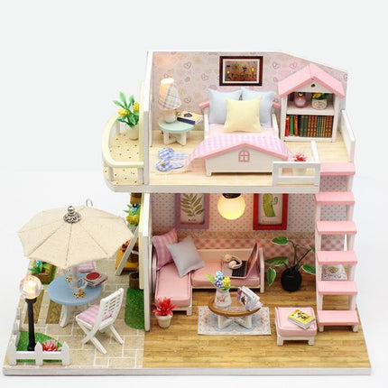 Ikonka DIY Modelbouw Poppenhuis Twee Verdiepingen LED 19,5 cm - Pink Loft Miniatuurhuisje - Bouwpakket