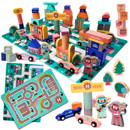 160-delige educatieve houten blokken set stad met racebaan in opbergdoos