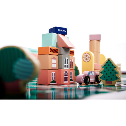 160-delige educatieve houten blokken set stad met racebaan in opbergdoos