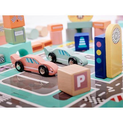 160-delige educatieve houten blokken set stad met racebaan in opbergdoos