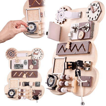 Lulilo Sensorisch Educatief Speelgoed - Activiteitenbord - Manipulatie Bord - Montessori Speelgoed - Houten Speelgoed - Teddybeer 28cm x 40cm
