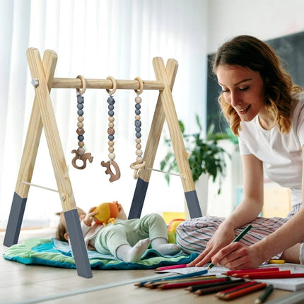 Trendmix Houten Babygym met 3 hangers - Babyspeeltoestel 60 x 44 x 60 cm - Activiteitencentrum vanaf 3 maanden - Naturel Hout Grijs