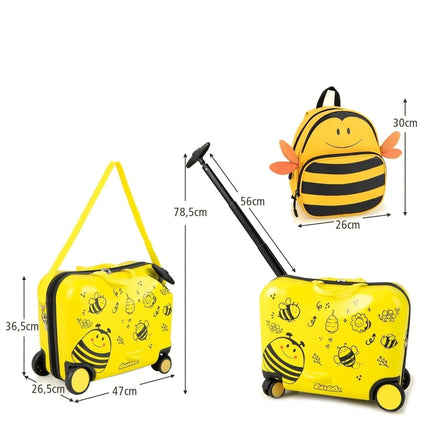 Trendmix 2 delige Ride On Koffer met Wielen inclusief rugtas Bijen geel - Handbagage Kind Kinderkoffer Handbagage 47 x 26,5 x 78,5 cm