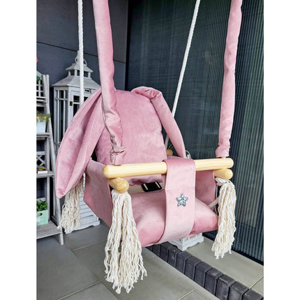 Luxe houten konijn handgemaakte roze babyschommel/ kinderschommel met konijn oor vormig kussen