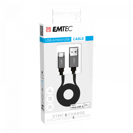 Emtec oplaadkabel USB-A naar Micro USB 1,2 meter Flat zwart/zilver