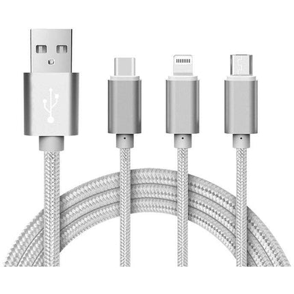 Reekin 3 in 1 oplaadkabel (USB Micro, USB Type-C, Lightning) 1,2 Meter (Zilver/Nylon)