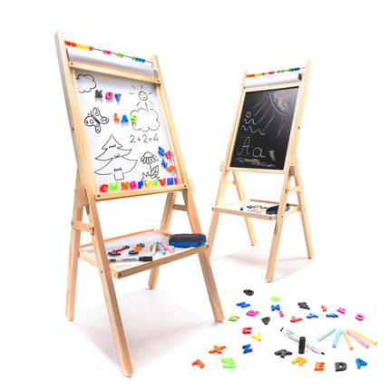 Houten 2 in 1 staand krijtbord en whitboard inclusief magnetische letters krijt en markeerstift- telraam - schoolbord - tekenbord - 39 x 37 x 90 cm