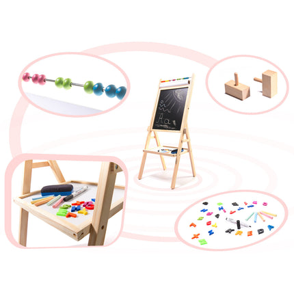 Houten 2 in 1 staand krijtbord en whitboard inclusief magnetische letters krijt en markeerstift- telraam - schoolbord - tekenbord - 39 x 37 x 90 cm