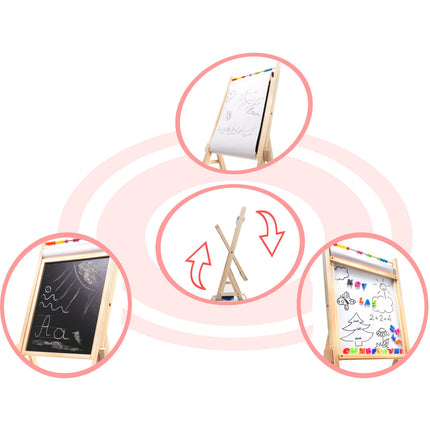 Houten 2 in 1 staand krijtbord en whitboard inclusief magnetische letters krijt en markeerstift- telraam - schoolbord - tekenbord - 39 x 37 x 90 cm