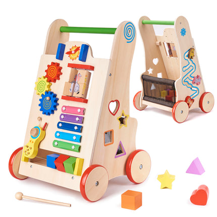 6 in 1 educatieve houten loopwagen - activiteiten looptrainer 31.5 x 33 x 50 cm