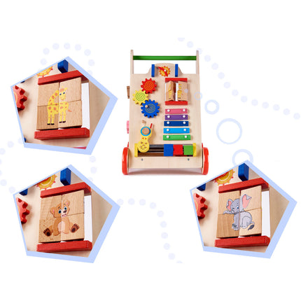 6 in 1 educatieve houten loopwagen - activiteiten looptrainer 31.5 x 33 x 50 cm