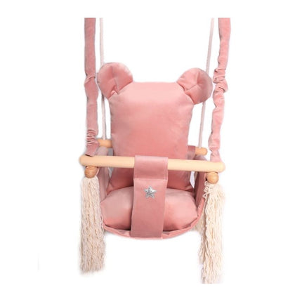 Luxe houten beer handgemaakte roze babyschommel/ kinderschommel met beer oor vormig kussen
