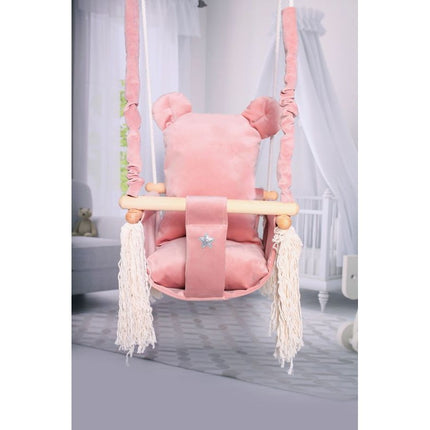 Luxe houten beer handgemaakte roze babyschommel/ kinderschommel met beer oor vormig kussen
