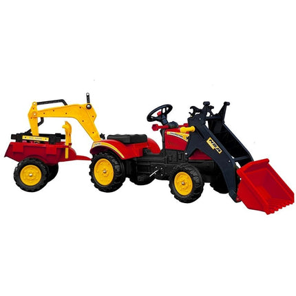 Grote Branson 3 in 1 traptractor - tractor - speelgoedtractor - bulldozer - met front lader en graafmachine inclusief aanhanger - trailer rood