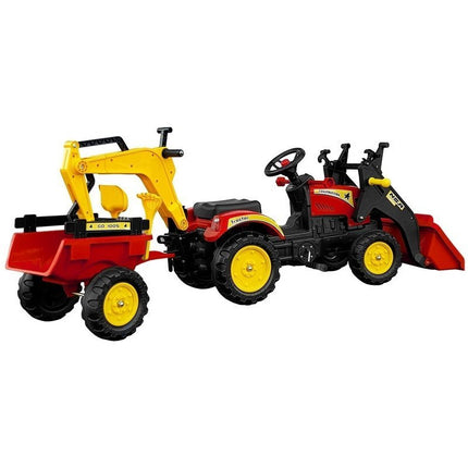 Grote Branson 3 in 1 traptractor - tractor - speelgoedtractor - bulldozer - met front lader en graafmachine inclusief aanhanger - trailer rood
