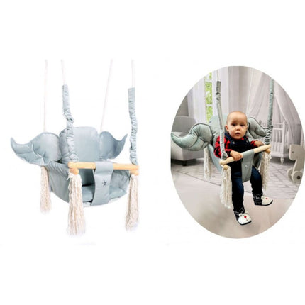 Luxe houten olifant handgemaakte licht grijze babyschommel/ kinderschommel met olifant oor vormig kussen