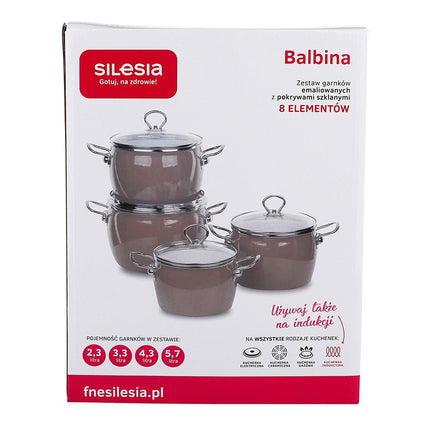 Silesia Balbina taupe 8 delige retro emaille pannenset - geschikt voor inductie - kookpannenset.nl