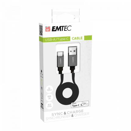 Emtec oplaadkabel USB-A naar USB Type-C 1,2 meter Flat zwart/zilver