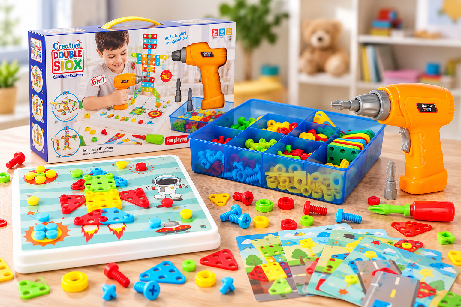 261-delige educatieve bouwset voor kinderen vanaf 3 jaar met speelgoedboormachine, kleurrijke schroeven, bouwbord en gereedschapskoffer.