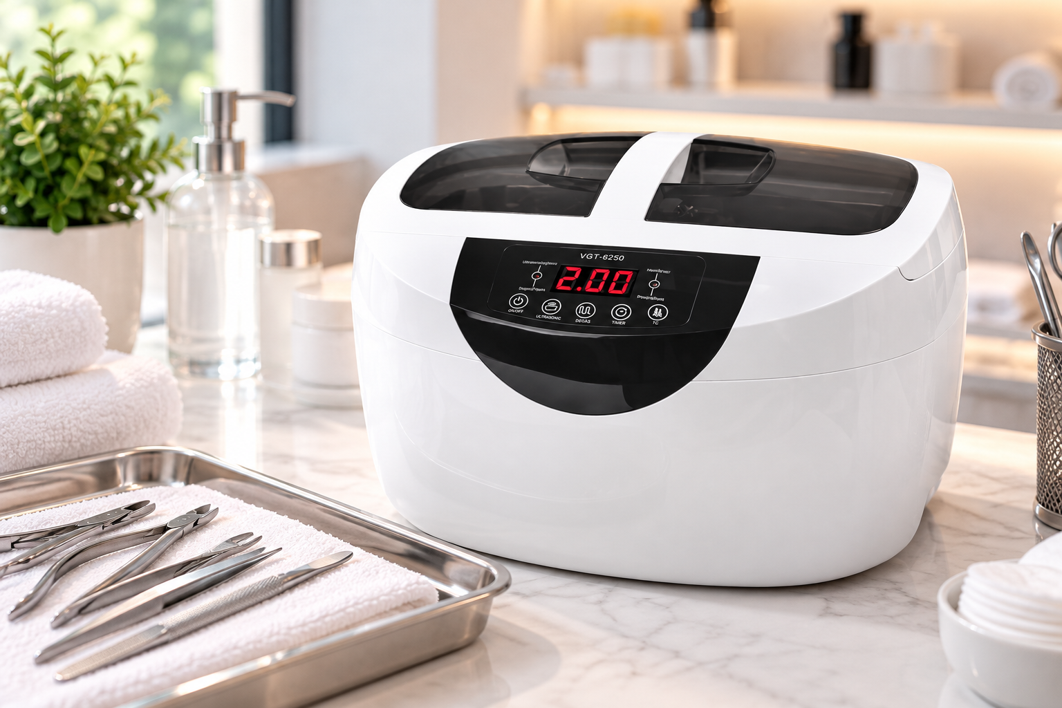 Ultrasoon reiniger VGT-6250 met digitaal display in een professionele schoonheidssalon, naast manicure- en pedicure-instrumenten op een werkblad.
