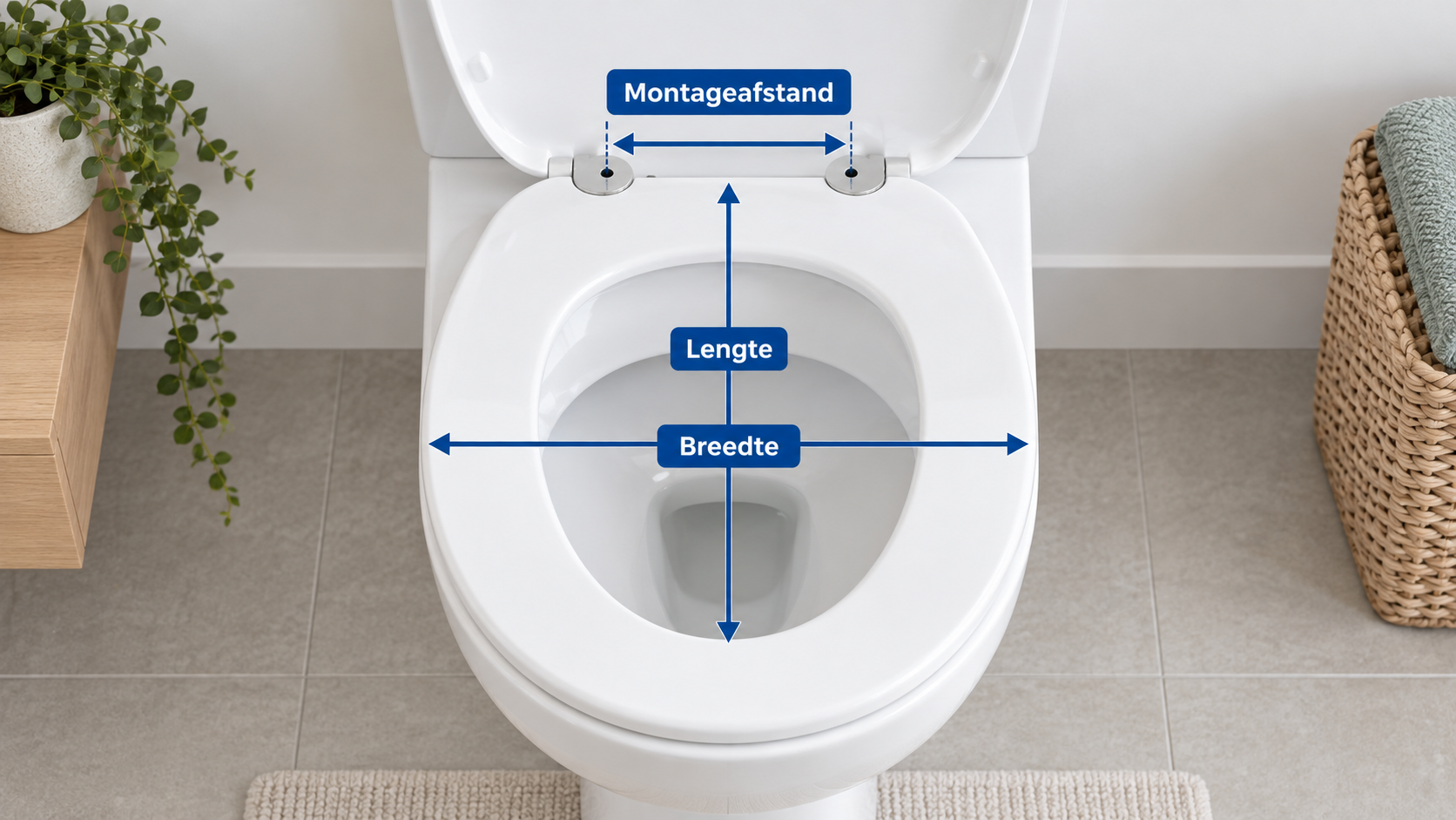 WC-bril opmeten: illustratie met de lengte, breedte en montageafstand voor het kiezen van de juiste toiletbril.