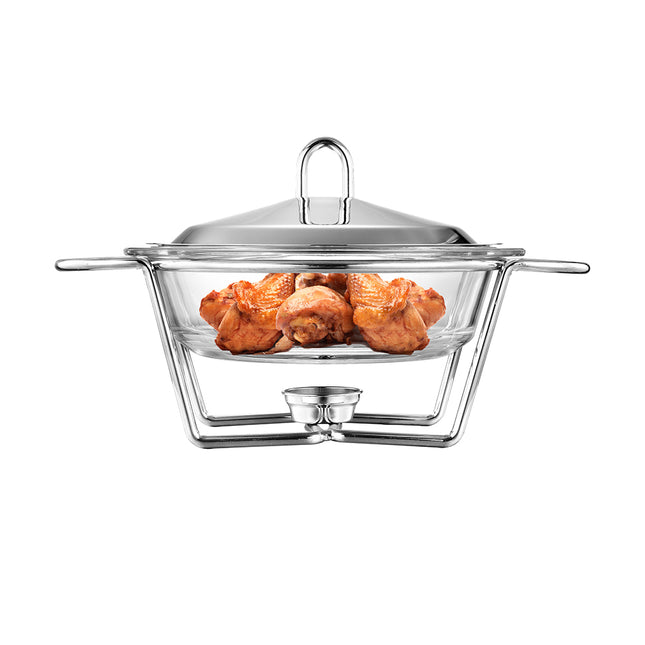 Altom Design Meteor ronde Buffetwarmer 2L - Chafing Dish / Warmhoudbak Roestvrijstalen Deksel en glazen schaal - RVS