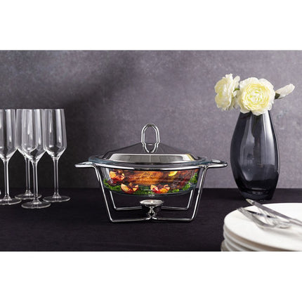 Altom Design Meteor ronde Buffetwarmer 2L - Chafing Dish / Warmhoudbak Roestvrijstalen Deksel en glazen schaal - RVS