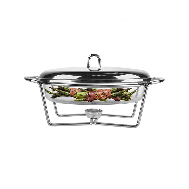 Altom Design Meteor ovalen Buffetwarmer 2,4L - Chafing Dish / Warmhoudbak Roestvrijstalen Deksel en glazen schaal - RVS