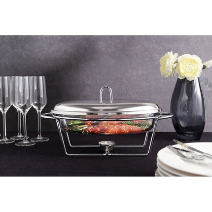 Altom Design Meteor ovalen Buffetwarmer 2,4L - Chafing Dish / Warmhoudbak Roestvrijstalen Deksel en glazen schaal - RVS