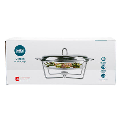 Altom Design Meteor ovalen Buffetwarmer 2,4L - Chafing Dish / Warmhoudbak Roestvrijstalen Deksel en glazen schaal - RVS