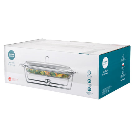 Altom Design Meteor Rechthoekige Buffetwarmer 3,0L - Chafing Dish / Warmhoudbak Roestvrijstalen Deksel en glazen schaal - RVS