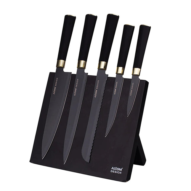 2de kansje Altom Design zwart magnetisch messenblok met 5 zwarte messen met gouden detail