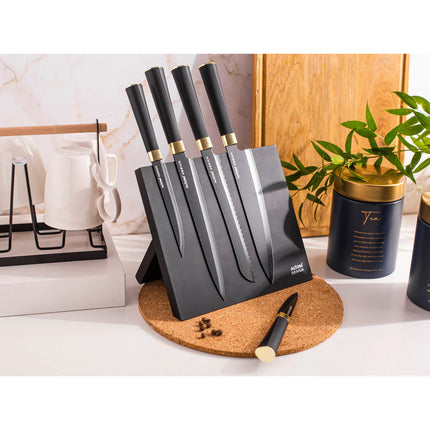 2de kansje Altom Design zwart magnetisch messenblok met 5 zwarte messen met gouden detail