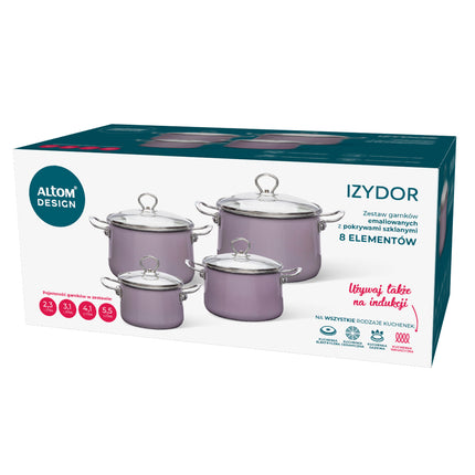 Altom Design Izydor 8 Delige Emaille Pannenset Retro Paars - Limited Edition Kookset - Geëmailleerde Kookpannenset - Exclusief Design Emaille Pannenset