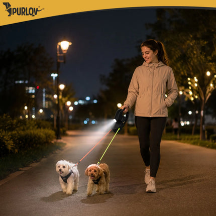 Dubbele Hondenriem voor 2 Honden – Automatische Rollijn 2 x 3 Meter – LED Lamp