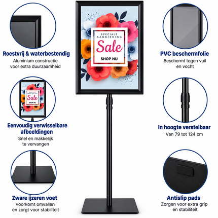 A3 Posterstandaard – Verstelbare Informatiestandaard – 360° Draaibaar – Staande Posterhouder – Zwart