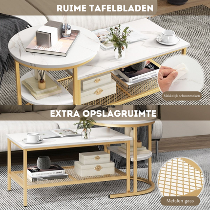 Trendmix Set van 2 Bijzettafel En Salontafel Marmerprint 80 x 46 x 41 cm - Gouden Frame - Ronde Bijzettafel Rechthoekige Salontafel