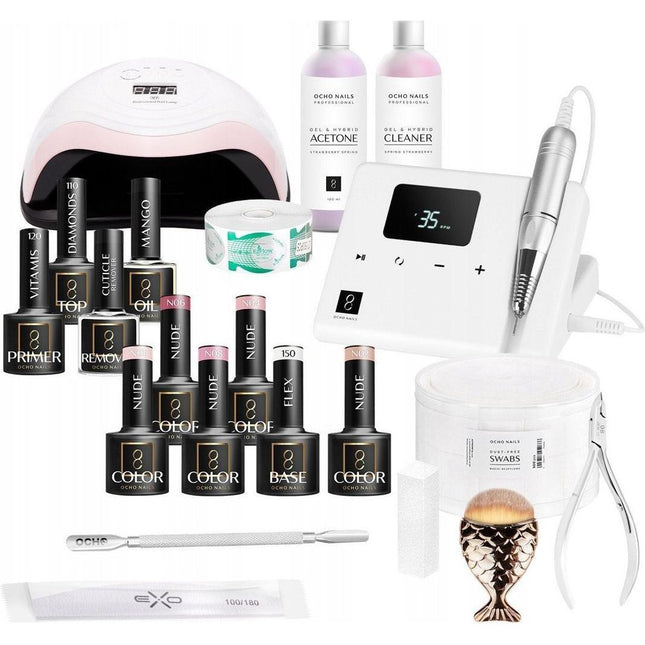 Ocho Nails Starterkit 5 Hybride Set – Met UV/LED Lamp, Freesmachine en 5 Nude Gellakken