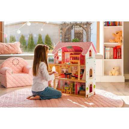 Ecotoys groot houten poppenhuis met 16 meubels en 4 poppen 70x62x31 cm Roze