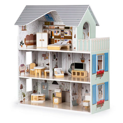 Ecotoys Poppenhuis met Meubilair Emma - 3 Verdiepingen - 60x24x70 cm - Grijs