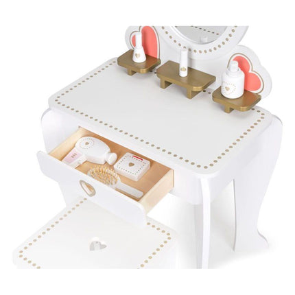 Ecotoys Grote Houten Kinderkaptafel - Met Spiegel en Kruk - Meisjes Kaptafel - 50 x 33 x 92,5 cm Wit