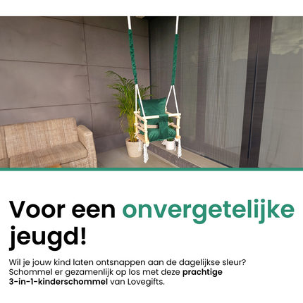 Luxe houten 3 in 1 groene meegroei baby schommel en Kinder schommel – Baby swing – Schommel die meegroeit met je kindje - Schommelstoel - Schommels - Handgemaakt