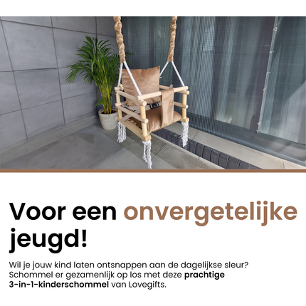 Luxe houten 3 in 1 beige bruine meegroei baby schommel en Kinder schommel – Baby swing – Schommel die meegroeit met je kindje - Schommelstoel - Schommels - Handgemaakt