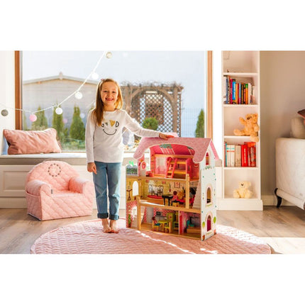 Ecotoys groot houten poppenhuis met 16 meubels en 4 poppen 70x62x31 cm Roze